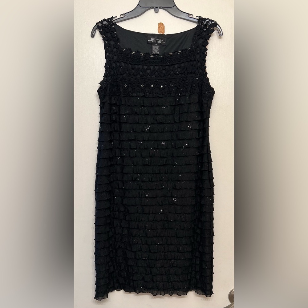 RB Collection New York Black Tiered Ruffle Sequin Lace Trim Dress 10
